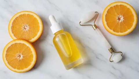 Sérum à la vitamine C, rouleau de jade et tranches d'orange sur une surface en marbre blanc, idéal pour un soin facial.