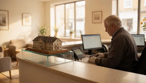 Un homme travaille sur un ordinateur à la réception, devant une vitrine en verre contenant un modèle architectural, baigné de lumière naturelle.
