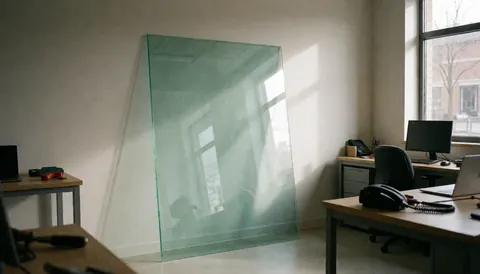 Panneau de verre feuilleté avec bord vert dans un atelier de réparation de fenêtres, éclairage naturel et murs neutres.
