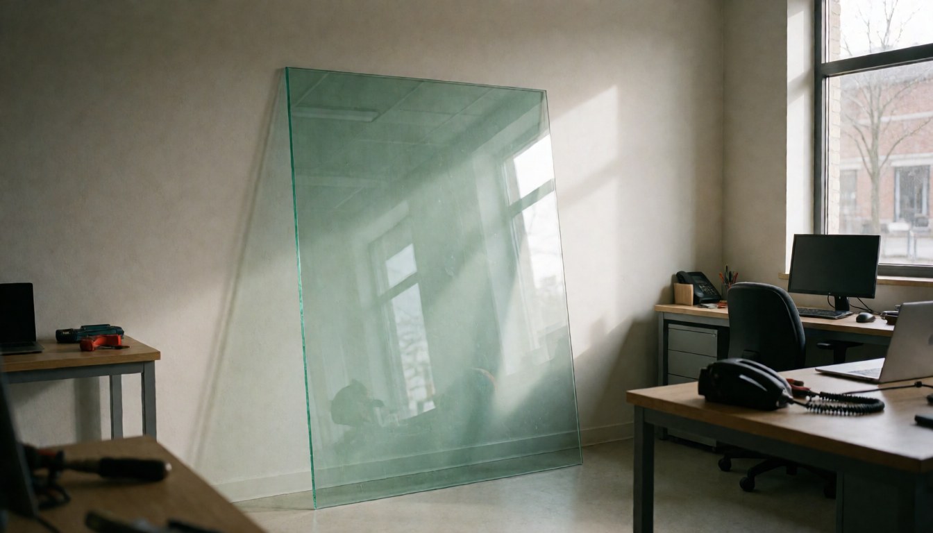 Panneau de verre feuilleté avec bord vert dans un atelier de réparation de fenêtres, éclairage naturel et murs neutres.