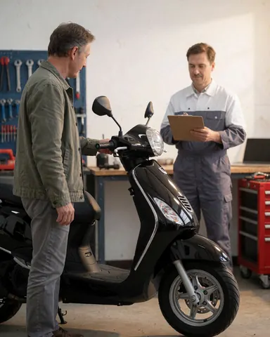 Une cliente examine un scooter noir réparé dans un atelier avec un mécanicien notant des informations sur un classeur.