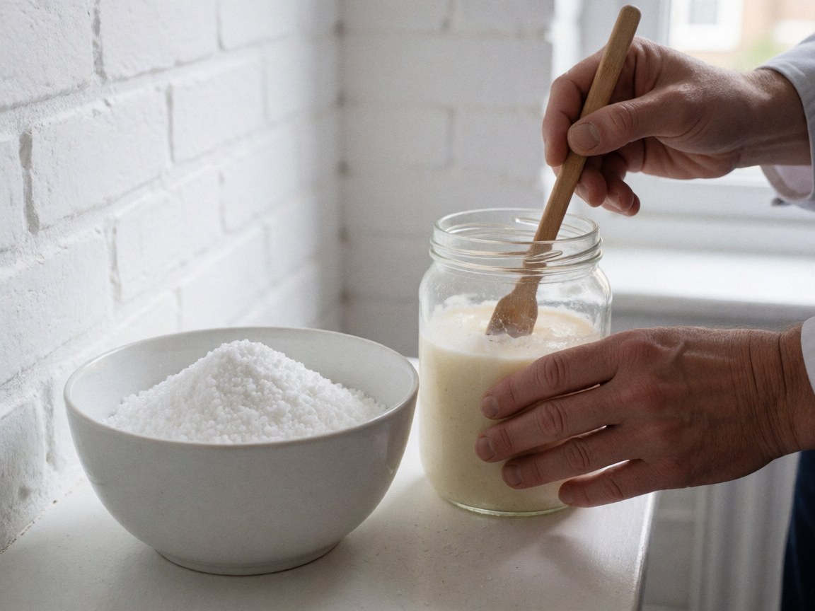 Des mains mélangent du savon de coco et du bicarbonate dans un bol sur un mur de briques blanches sous une lumière naturelle pour un service de nettoyage professionnel.