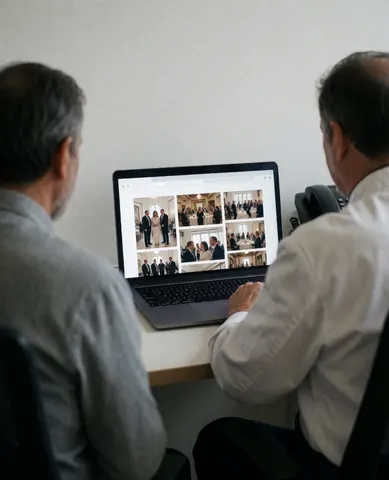 Deux hommes consultent une galerie de photos d'événements sur un ordinateur portable dans un bureau, l'un en chemise blanche et l'autre en chemise grise, dans un environnement professionnel et épuré.