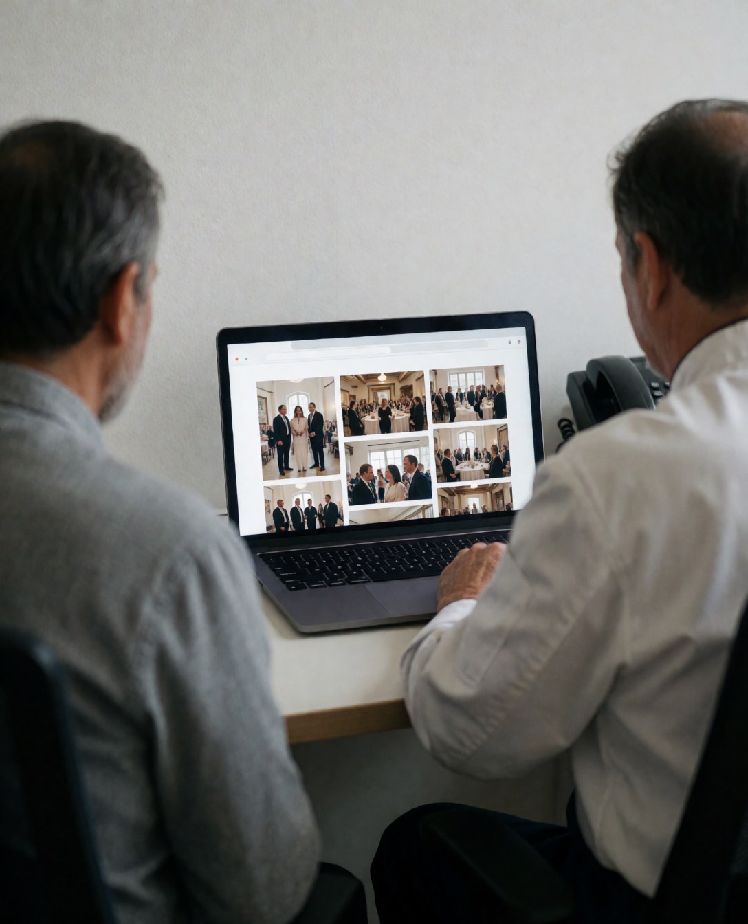 Deux hommes consultent une galerie de photos d'événements sur un ordinateur portable dans un bureau, l'un en chemise blanche et l'autre en chemise grise, dans un environnement professionnel et épuré.