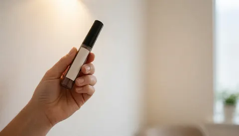 Main tenant un tube cosmétique avec une étiquette blanche sur fond blanc, offrant un espace pour du texte, idéal pour les boutiques de beauté.