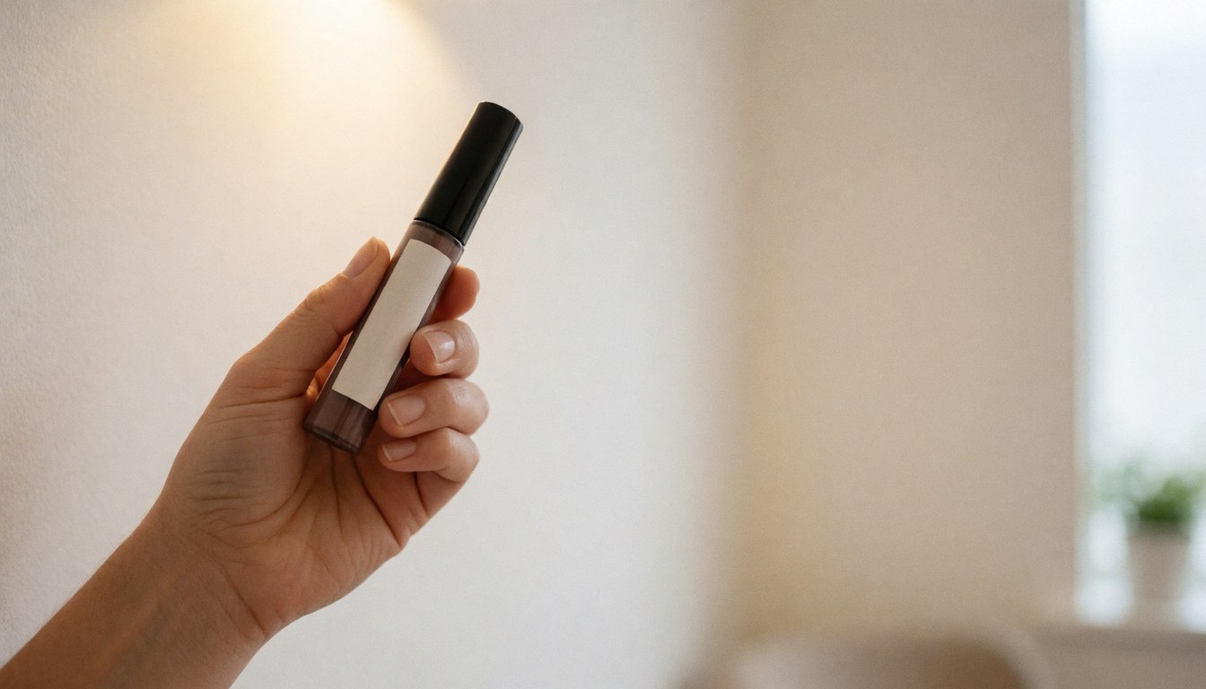 Main tenant un tube cosmétique avec une étiquette blanche sur fond blanc, offrant un espace pour du texte, idéal pour les boutiques de beauté.