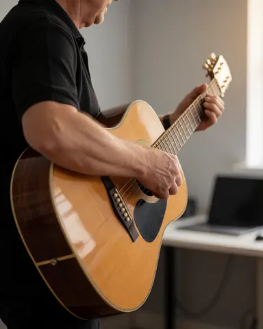 Un professionnel joue de la guitare acoustique en cours de musique, avec des mains et l'instrument bien visibles sur fond de murs gris et de lumière naturelle.