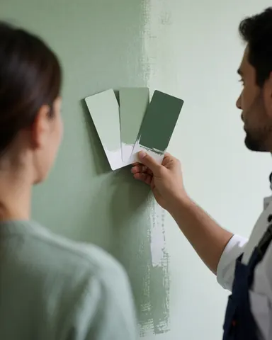 Un peintre professionnel compare trois échantillons de peinture verte avec un client devant un mur récemment peint, illustrant un service de peinture intérieure à domicile.