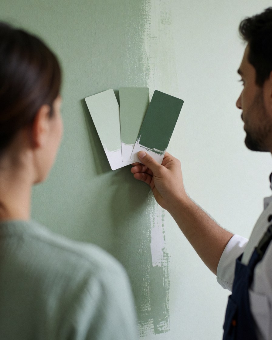 Un peintre professionnel compare trois échantillons de peinture verte avec un client devant un mur récemment peint, illustrant un service de peinture intérieure à domicile.