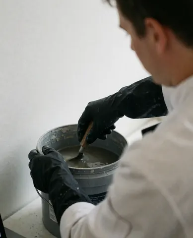 Un ouvrier portant des gants noirs mélange une solution dans un seau gris devant un mur blanc lors d'un nettoyage industriel.
