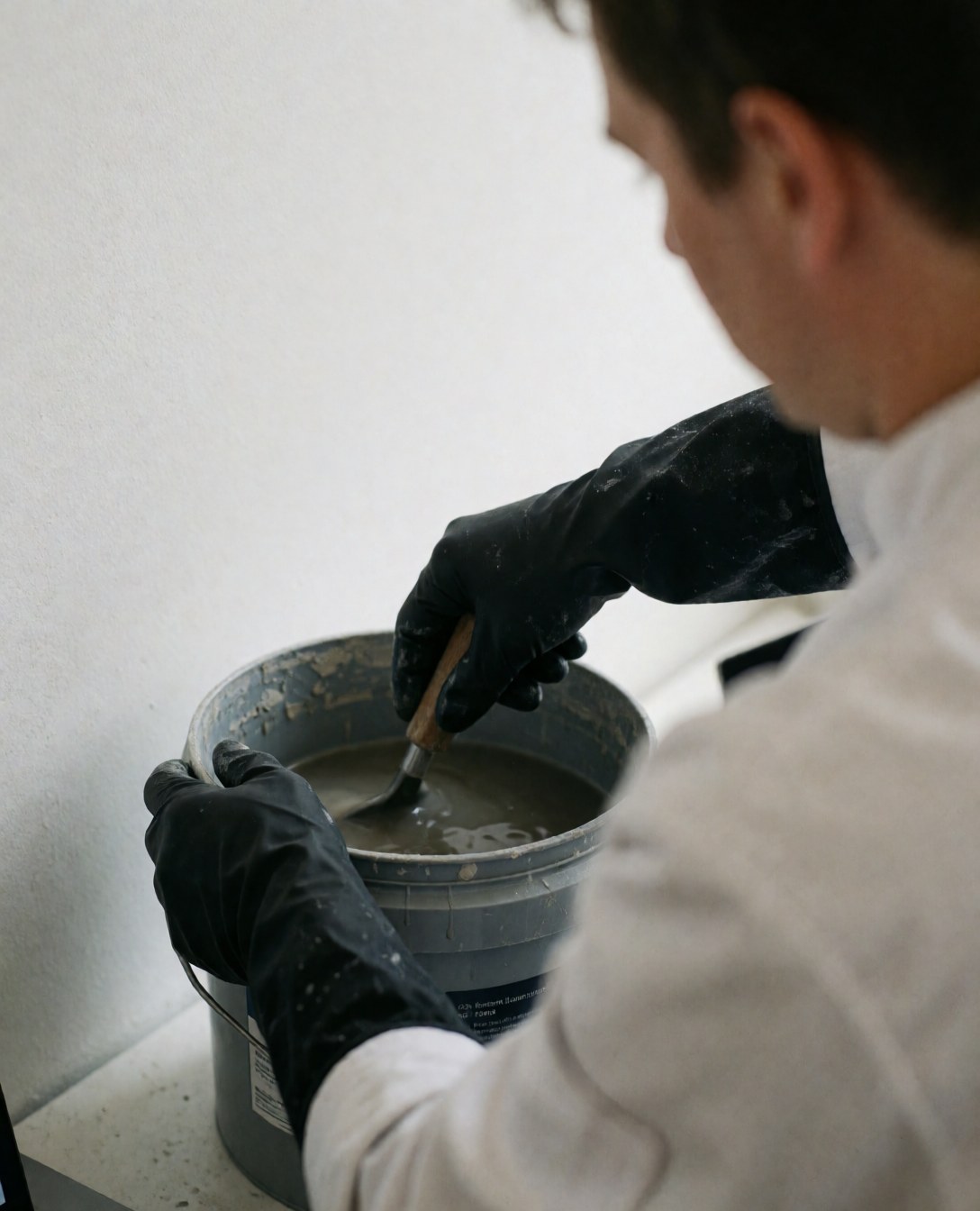Un ouvrier portant des gants noirs mélange une solution dans un seau gris devant un mur blanc lors d'un nettoyage industriel.