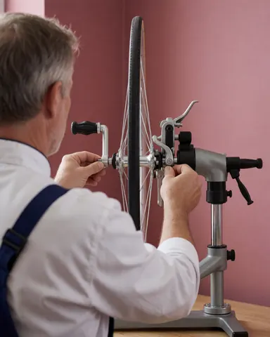Mécanicien ajustant les étriers de frein à disque dans un atelier de vélo avec des outils visibles et un mur rose en arrière-plan