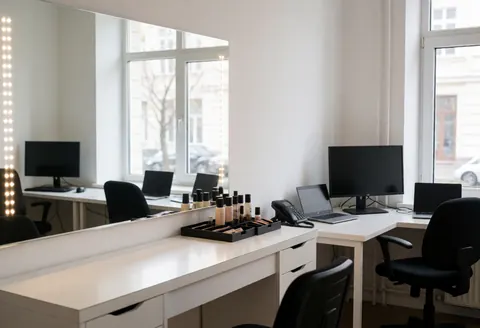 Studio de maquillage professionnel avec grand miroir, lumières LED, table blanche et produits organisés, ambiance propre et moderne.
