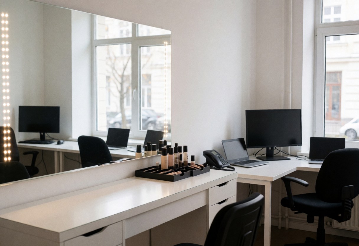 Studio de maquillage professionnel avec grand miroir, lumières LED, table blanche et produits organisés, ambiance propre et moderne.