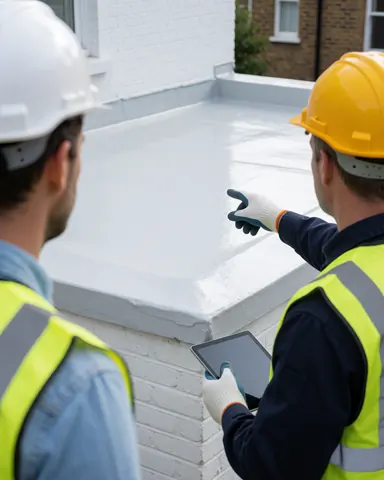 Deux techniciens en casques et gilets de sécurité inspectent un toit blanc nouvellement étanchéifié ; l'un pointe le résultat tandis que l'autre tient une tablette près d'un bâtiment urbain.