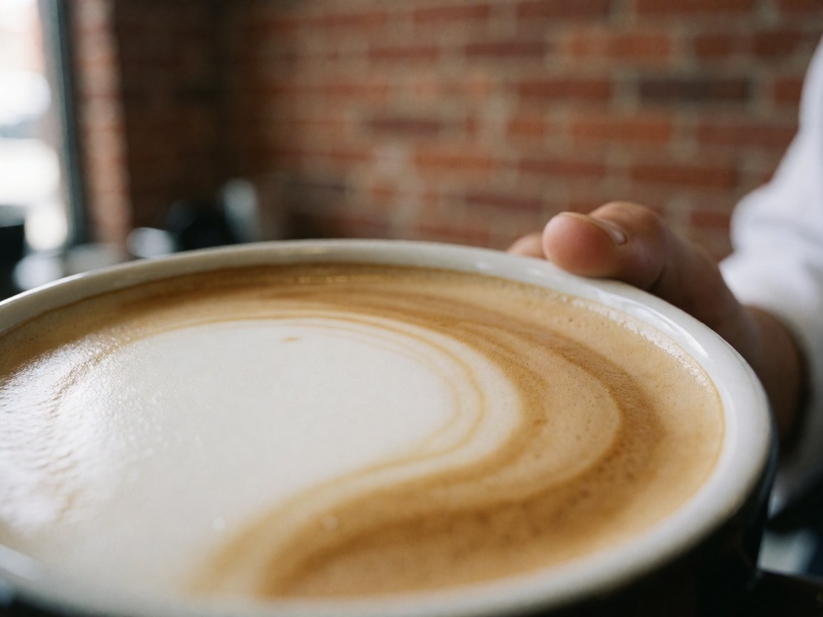 Tasse de café au lait avec micro-écume tenue par une main dans un café avec mur en briques