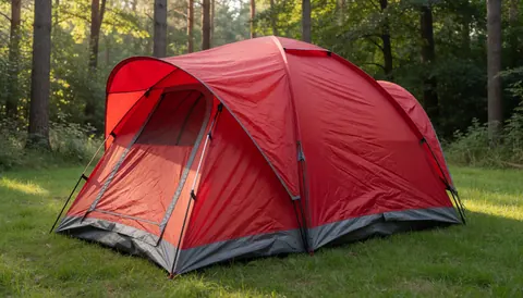 Tente de camping rouge et grise posée dans une clairière forestière baignée de lumière matinale, idéale pour illustrer des activités de plein air sur un site web.