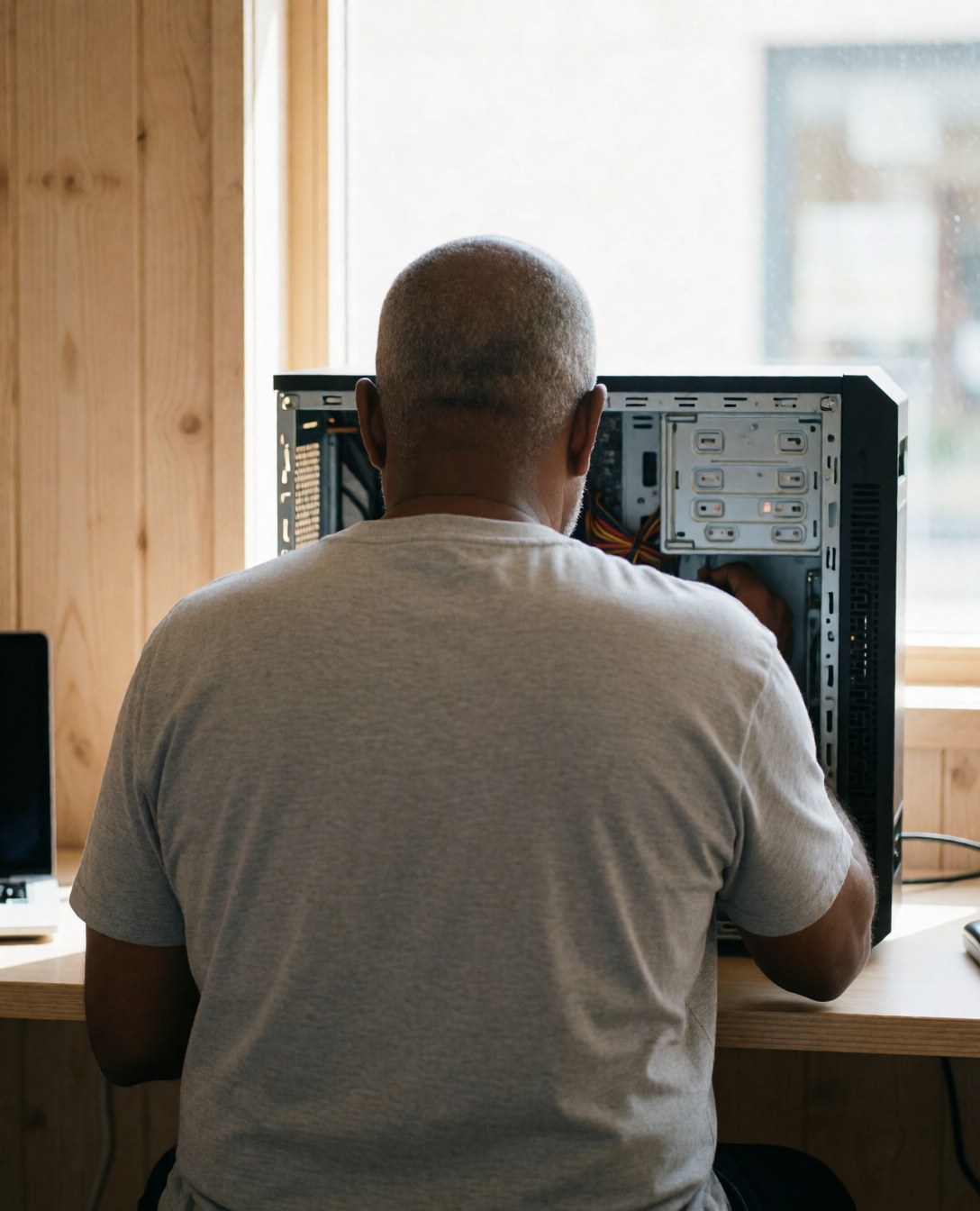 Technicien en train de réparer un ordinateur dans un bureau avec des murs en bois et une lumière naturelle provenant d'une fenêtre.