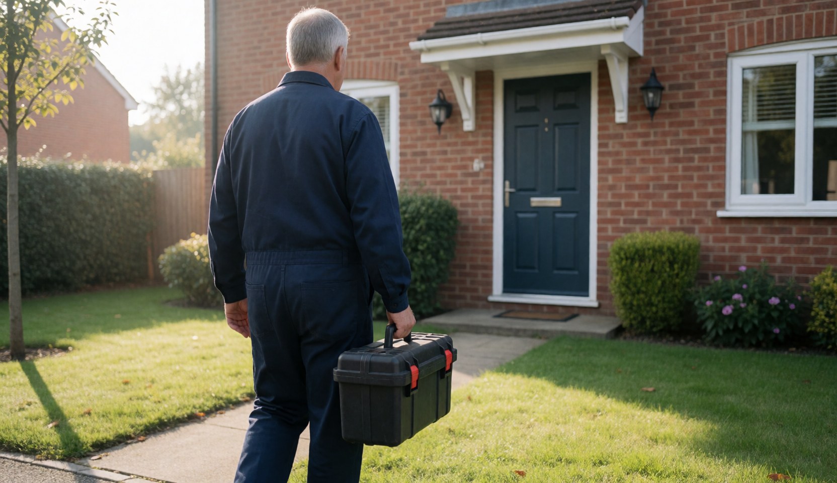 Un technicien en uniforme bleu foncé transporte une mallette de outils noire vers la porte d'une maison en briques avec un jardin bien entretenu.