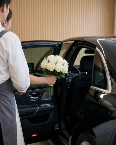 Assistante aidant la mariée à monter dans une voiture de luxe pour un événement spécial