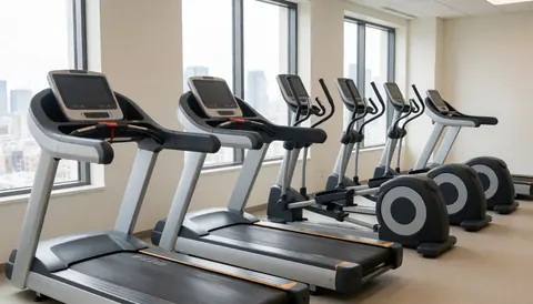 Tapis de course et équipements de cardio dans un gymnase moderne avec vue sur la ville, idéal pour un entraîneur de fitness.