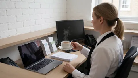 Une réceptionniste tient une tasse de thé dans un bureau avec un mur de briques blanches, un ordinateur portable et des brochures sur le bureau.