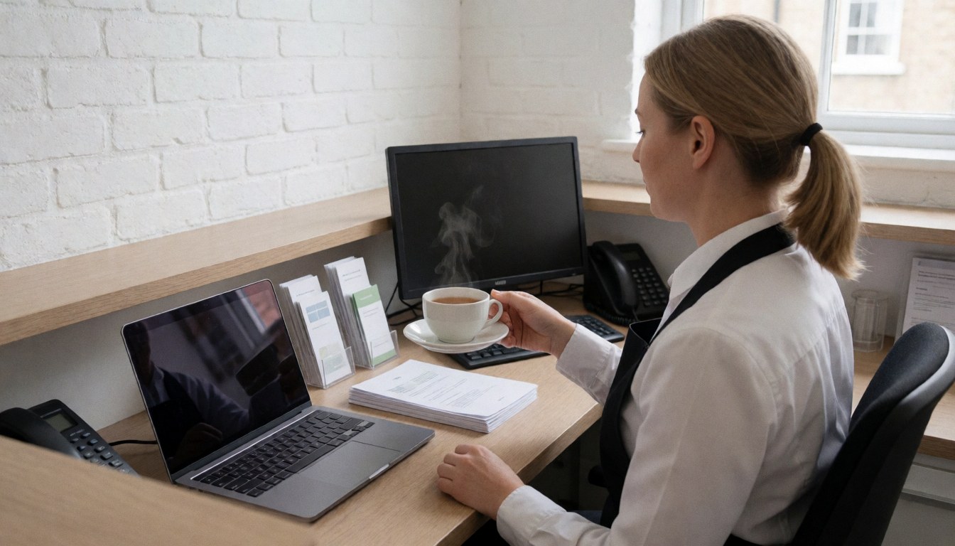 Une réceptionniste tient une tasse de thé dans un bureau avec un mur de briques blanches, un ordinateur portable et des brochures sur le bureau.