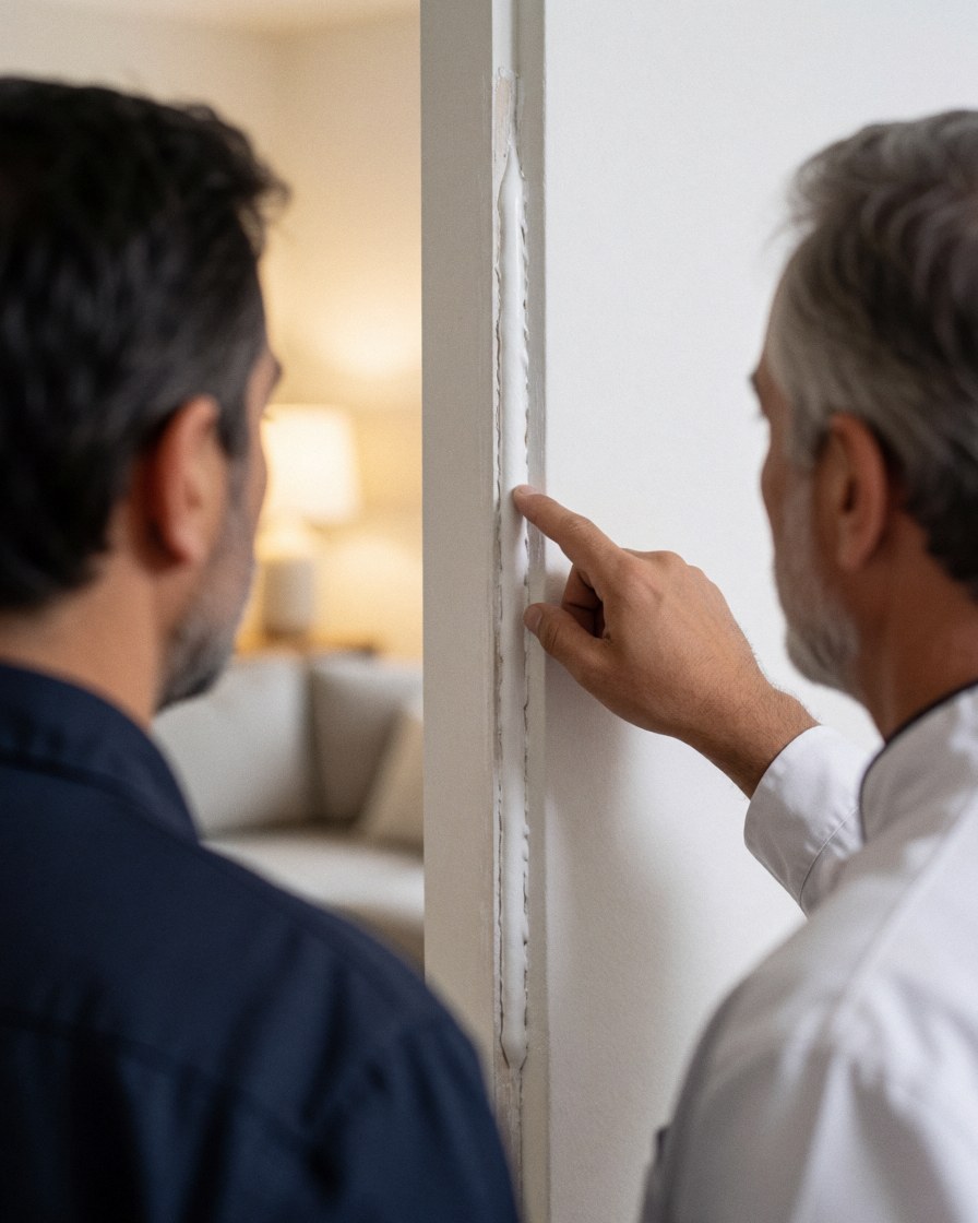 Un technicien montre à un client un joint de fenêtre correctement scellé dans un salon éclairé par une lumière chaude.