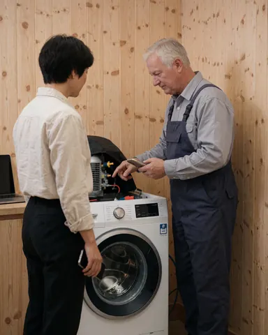 Un technicien en combinaison explique une réparation de machine à laver à un client tenant un téléphone dans un atelier avec des murs en bois et des outils visibles.