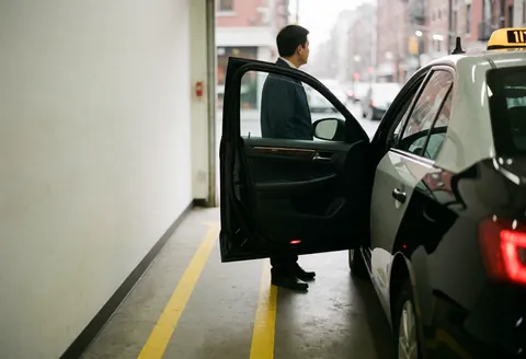 Chauffeur de taxi prêt à accueillir un client, portière ouverte, stationnement avec marquage au sol jaune visible en arrière-plan.