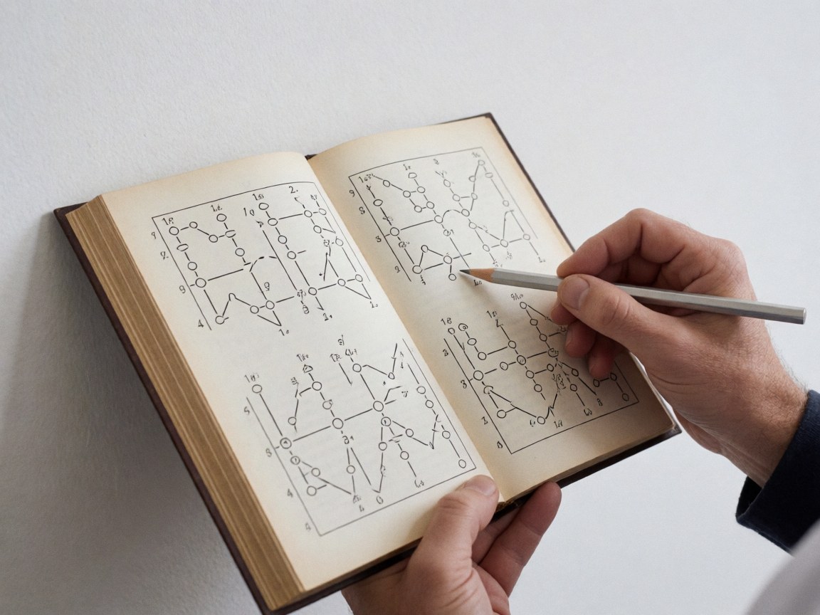 Une main tenant un livre d'échecs ouvert avec notation algébrique, un crayon indiquant un diagramme sur fond blanc.