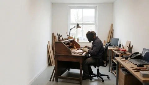 Un professionnel travaille sur un ancien bureau en bois dans un atelier bien éclairé par la lumière naturelle, entouré d'outils.