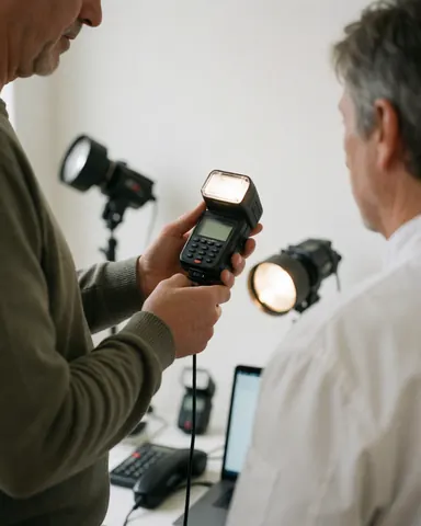 Client examinant le contrôle du flash dans un atelier de photographie avec équipement d'éclairage et ordinateur sur fond blanc.