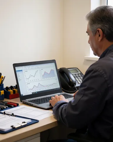 Technicien consultant des graphiques techniques sur un ordinateur portable dans un bureau de réparation d'ascenseurs avec outils et téléphone sur le bureau