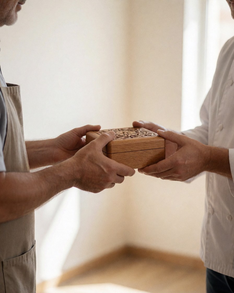 Artisan remet un petit coffret en bois sculpté à un client satisfait dans un atelier lumineux aux murs clairs, avec un gros plan sur les mains.