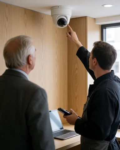 Un technicien installe une caméra de surveillance en dôme dans un magasin aux murs en bois, pendant qu'un client observe l'équipement.