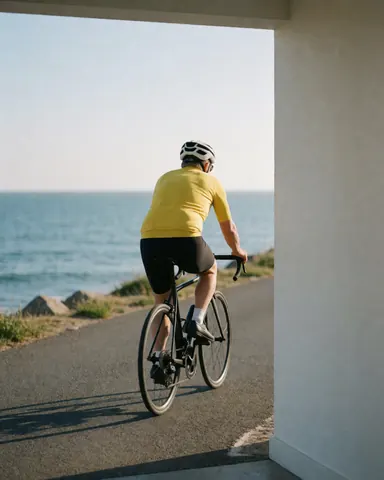 Un cycliste avec un casque blanc et un maillot jaune pédale sur une route côtière près de la mer, avec un mur blanc à sa droite.