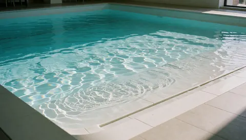Piscine de parc aquatique avec eau turquoise, vagues douces, bordure de carreaux blancs et lumière solaire réfléchie, idéale pour une page d'accueil de site web.