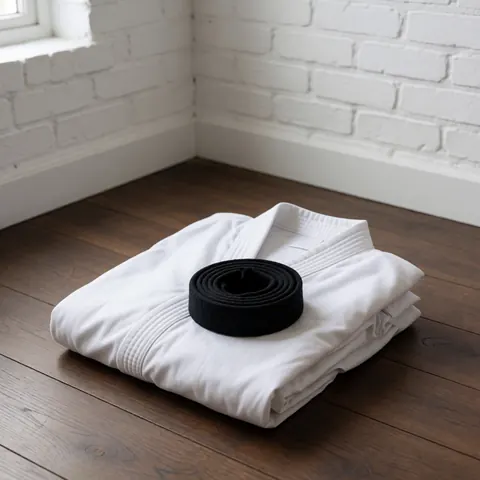 Gi blanc de karate plié avec ceinture noire sur sol en bois et mur de briques blanches, idéal pour un instructeur de karate.