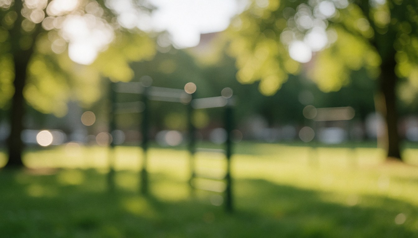 Arrière-plan de parc avec barre d'entraînement, lumière de coucher de soleil et bokeh doux, idéal pour services d'entraînement personnel