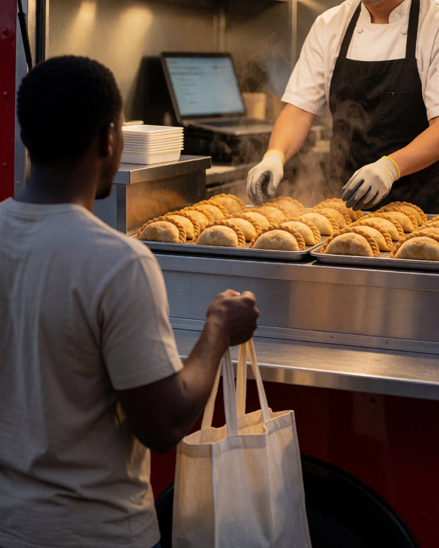 Cliente tenant une poche contenant des empanadas chaudes, vendeur avec des gants servant, vapeur visible, ordinateur portable en arrière-plan.