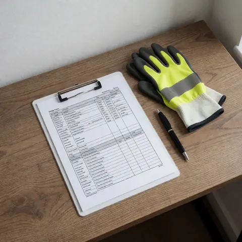 Un manifeste de chargement posé sur un presse-papiers blanc, accompagné de gants de sécurité et d'un stylo noir sur une table en bois, évoquant la logistique et le transport de fret.