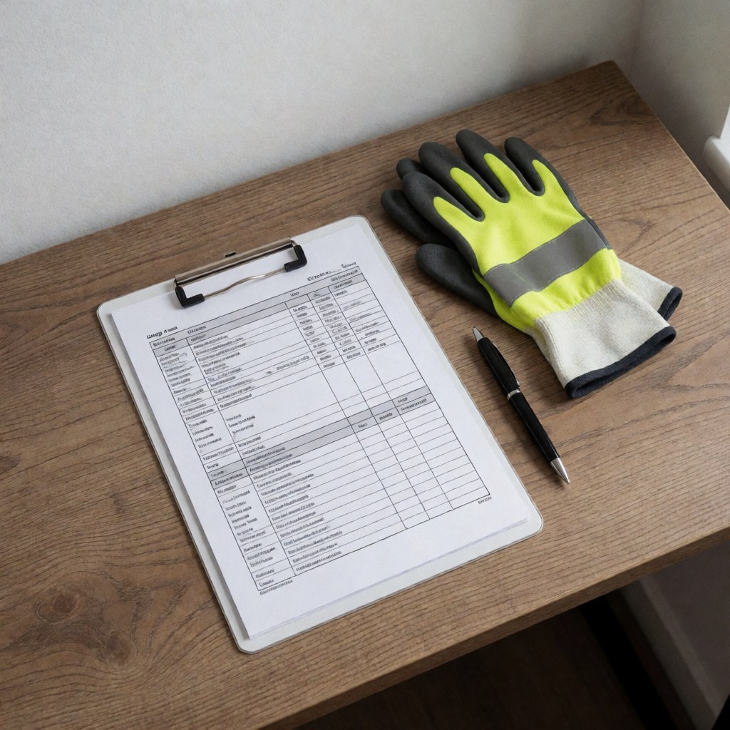 Un manifeste de chargement posé sur un presse-papiers blanc, accompagné de gants de sécurité et d'un stylo noir sur une table en bois, évoquant la logistique et le transport de fret.