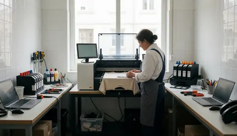 Une imprimante DTG positionnée dans un atelier aux murs carrelés blancs et à la lumière naturelle, prête à personnaliser un t-shirt pour des services d'impression textile.