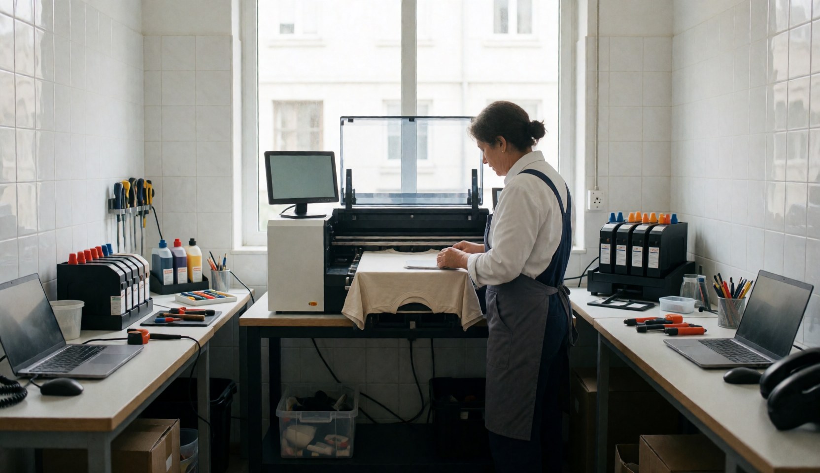 Une imprimante DTG positionnée dans un atelier aux murs carrelés blancs et à la lumière naturelle, prête à personnaliser un t-shirt pour des services d'impression textile.