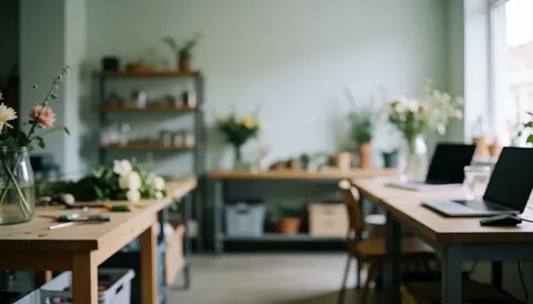 Atelier de fleuriste lumineux avec tables en bois, fleurs dans des vases, outils et étagères, offrant un fond neutre idéal pour ajouter du texte.