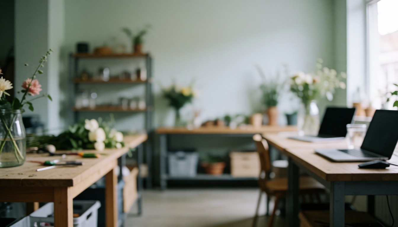 Atelier de fleuriste lumineux avec tables en bois, fleurs dans des vases, outils et étagères, offrant un fond neutre idéal pour ajouter du texte.