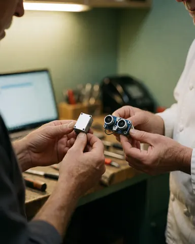 Deux personnes comparent des composants électroniques dans un atelier de robotique avec une table de travail et des outils sous une lumière chaude.