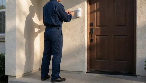 Un technicien en uniforme bleu installe un capteur de mouvement blanc près d'une porte en bois sur un porche avec mur en stuc et lumière solaire.