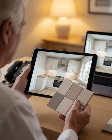 Une cliente consulte des échantillons de carrelage à côté d'un rendu 3D de cuisine affiché sur une tablette lors d'un rendez-vous professionnel dans un bureau éclairé par une lumière chaude.